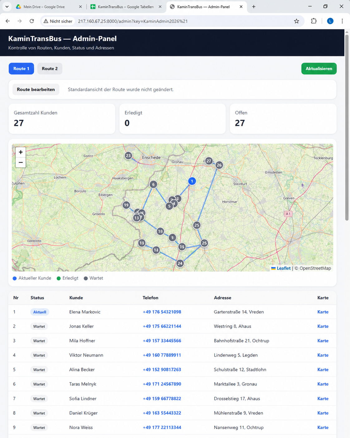 Admin-Panel mit Kartenansicht, Route und Statusliste