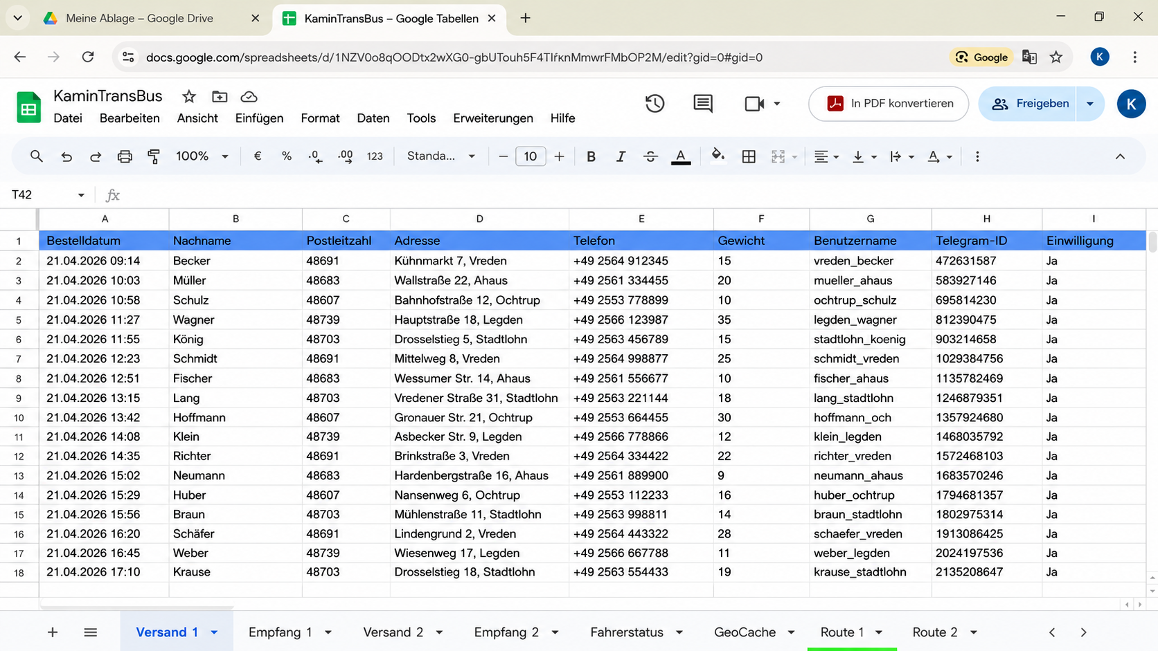 Google Sheets mit KaminTransBus Auftragsdaten
